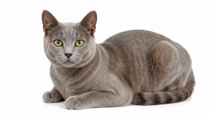 Fototapeta premium Elegant russian blue cat with silveryblue coat and vivid green eyes in a poised pose on white background