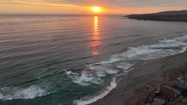 Aerial view of the sunset at the port of Chala in Arequipa, Peru