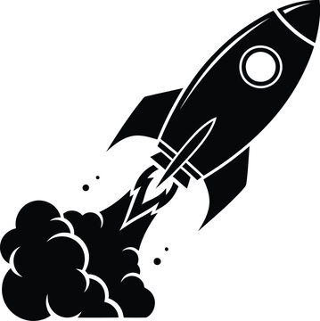 Black and white illustration of a rocket launching into space