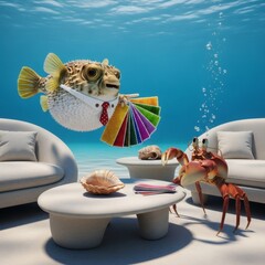 Fish in tie holds color swatches underwater near modern furniture