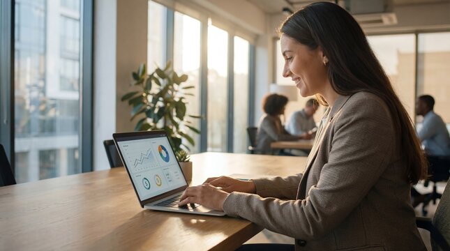 A businesswoman working on her laptop in a modern office with colleagues in the background