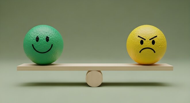 Emotional balance a green smiley face and a yellow angry face on a seesaw