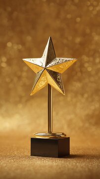High quality image of gold star trophy award on a black base against a shimmering gold glitter bokeh background.