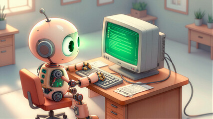 Cute Retro Robot Working at Vintage Computer Desk in Cozy Office