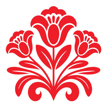 Elegant red floral ornament with three blooming tulip flowers and decorative leaves in folk art style for traditional textile patterns or wedding invitation stationery and cultural designs