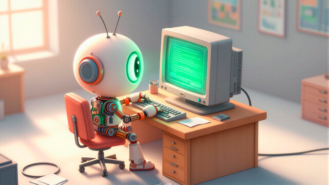 Cute Retro Robot Working at Vintage Computer Desk in Cozy Office