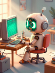 Cute Retro Robot Working at Vintage Computer Desk in Cozy Office