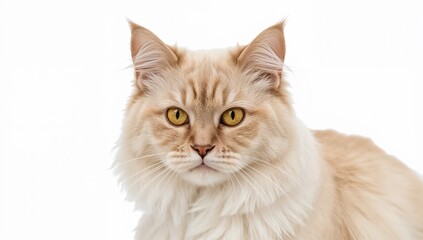 Fototapeta premium American curl cat with semilong cream fur, backwardcurled ears, and golden eyes on white background