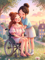 Heartwarming Friendship Moment in Park with Woman in Wheelchair at Sunset