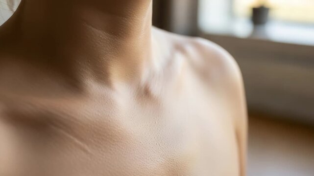 Close-up of bare neck and shoulders with natural light indoors  