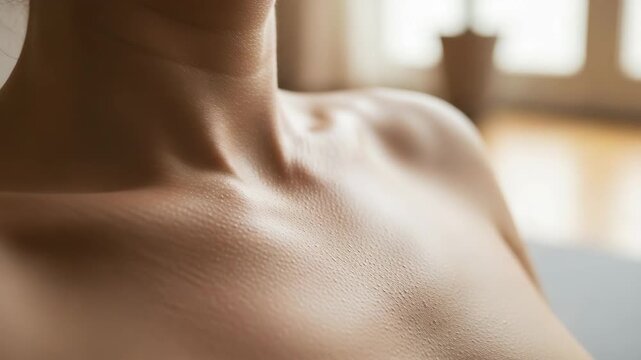 Close-up of bare shoulders and neck in a soft-lit indoor setting  