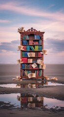 Bookshelf with falling books on wet beach at sunset