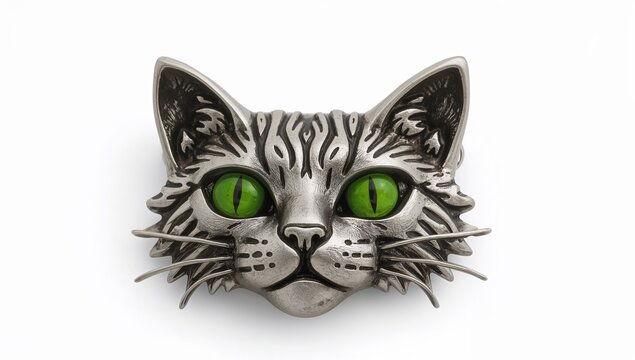 French cat sith faerie legend pewter brooch with green enamel eyes, mystical feline jewelry, fantasy accessory