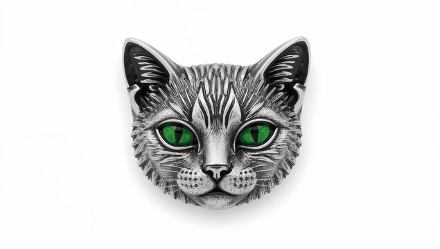 French cat sith faerie brooch with green enamel eyes, pewter jewelry inspired by mythical legends, detailed feline head accessory
