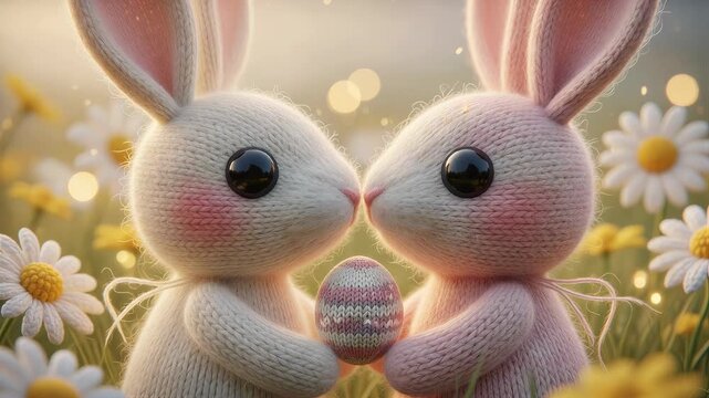 Two knitted bunny stuffed animals exchanging a striped easter egg in a field of spring daisies and yellow flowers.