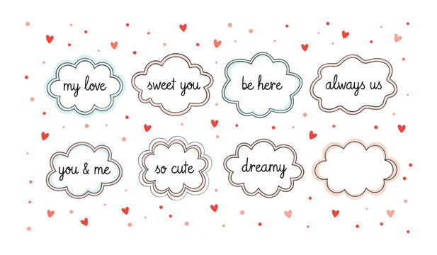 Cloud shapes with love messages on white background with red hearts sweet