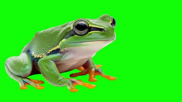 Green tree frog sitting on green screen background, realistic amphibian for chroma key compositing