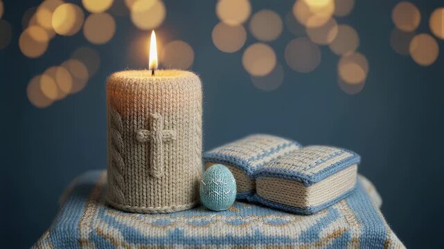 Knitted Easter candle with cross and decorated egg, glowing warm light with bokeh in cozy religious holiday scene.