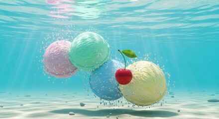 Ice Cream Scoops Underwater with Cherry, Refreshing Summer Treat