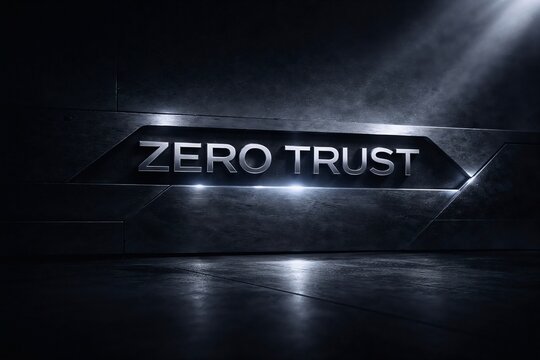 ZERO TRUST carved into industrial metal with cold underglow and architectural geometry. Cinematic high-end concept for enterprise cybersecurity strategy and corporate security reports.