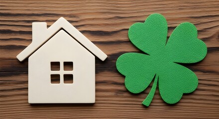 Fototapeta premium St patrick's day home decor with shamrock and house figurine on wooden background