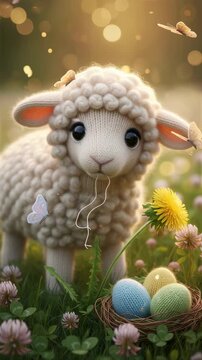 Knitted lamb with dandelion and easter eggs in a nest on green grass. Cute spring holiday concept with flickering background. Vertical video
