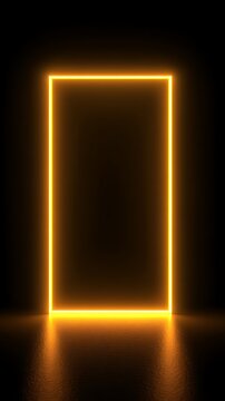High quality image of vertical yellow neon rectangle frame glowing on a dark black background.