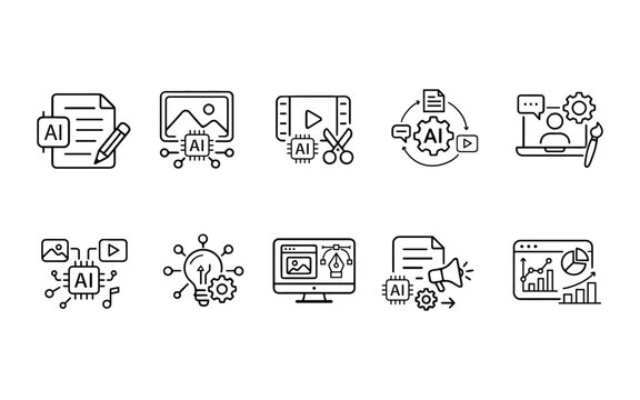 AI Content Creation and Digital Marketing Line Icons Set &ndash; Artificial Intelligence Media, Design, Analytics Vector Collection