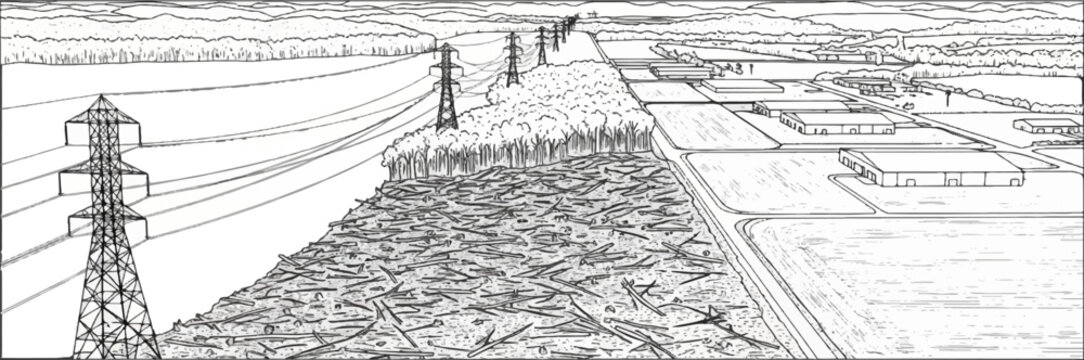 Industrial development encroaches on natural landscape with power lines and cleared forest
