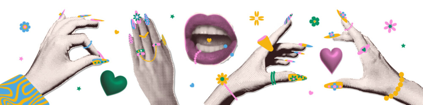 Set of trendy vivid halftone collage paper hands with juicy chunky jewelry. Playful Y2K maximalism with bright nails, bracelets, and colorful acrylic rings. Vector Trendy accessories 90s style