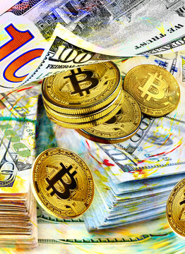 Conceptual money image with American one hundred dollar bills and Bitcoin coins. Surrealistic money collage, the concept of wealth and effective money management 
