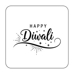 Black and white square card with happy diwali text and festive starburst
