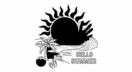 Obraz premium Black and white illustration of a sunny beach scene with palm tree and ocean