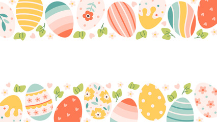 Cute painted Easter eggs and flowers background. Easter symbol, decorative elements. Flat vector illustration