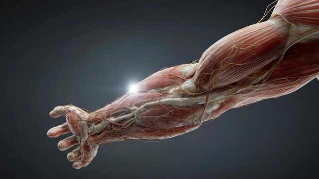 Detailed 3D rendering of human arm musculature, nerves, and blood vessels against a dark background