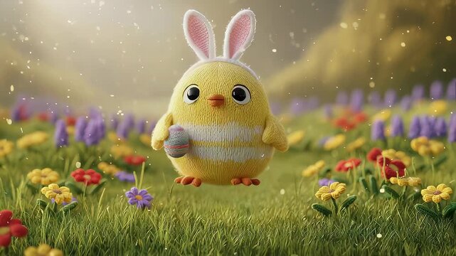 Knitted chick with bunny ears holding an Easter egg standing in a flower field. Cute spring holiday decoration for joy and celebration.