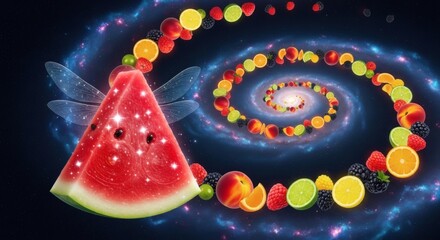 Watermelon slice with wings and fruit spiral galaxy