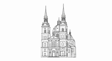 Obraz premium Detailed outline drawing of an ornate European church with multiple spires and domes