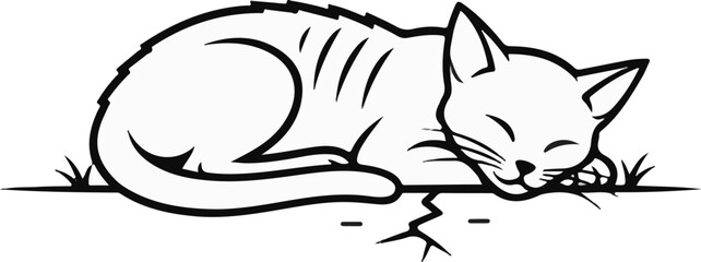 Obraz premium A stylized drawing of a content cat curled up asleep on a ground line