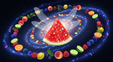 Vibrant fruit spiral with watermelon slice, glowing blue lights, colorful illustration