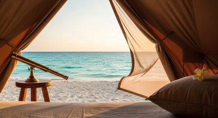 Luxury Tent View: Telescope, Beach, Ocean at Sunset