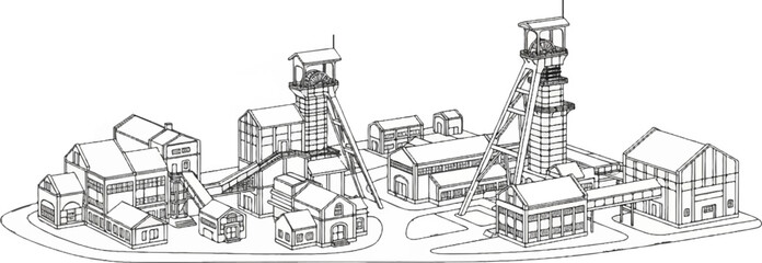 Fototapeta premium Industrial complex with mining towers and surrounding structures