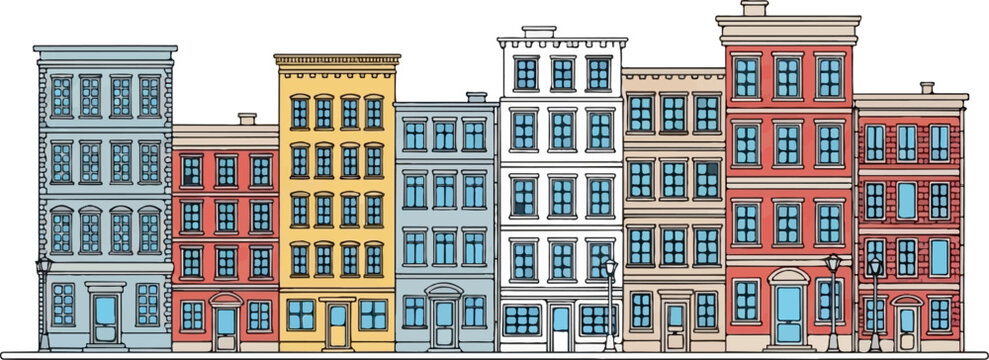 Row of colorful, multi-story buildings with many windows