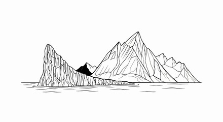 Stylized black and white drawing of sharp, jagged mountain peaks rising from calm water © Ubay