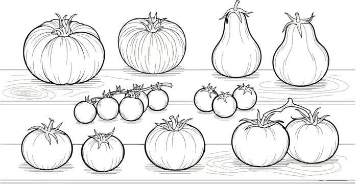 Variety of vegetables and fruits sketched on wooden planks