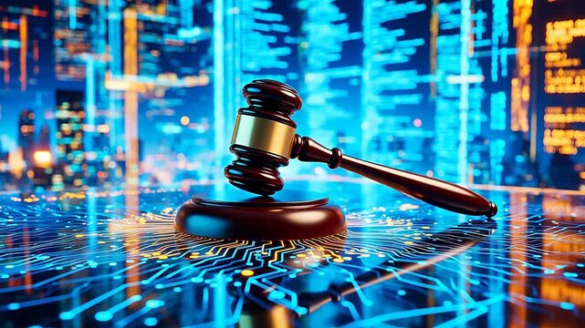 Judges gavel on digital circuit board
