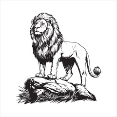 Obraz premium Black and white silhouette of a roaring lion standing on a rock. 