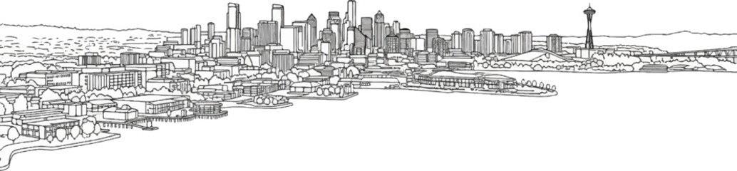 Naklejka premium Sketch of a bustling cityscape with a prominent tower beside the water