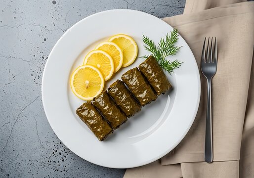 Dolma served on white plate with lemon garnish