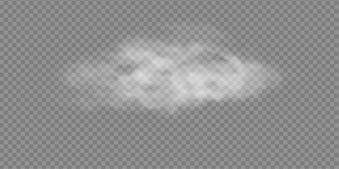 Clouds of white smoke or steam with realistic texture on transparent background. Vector smoke to simulate fog, cold breath, magic effect or explosion. © A_stock